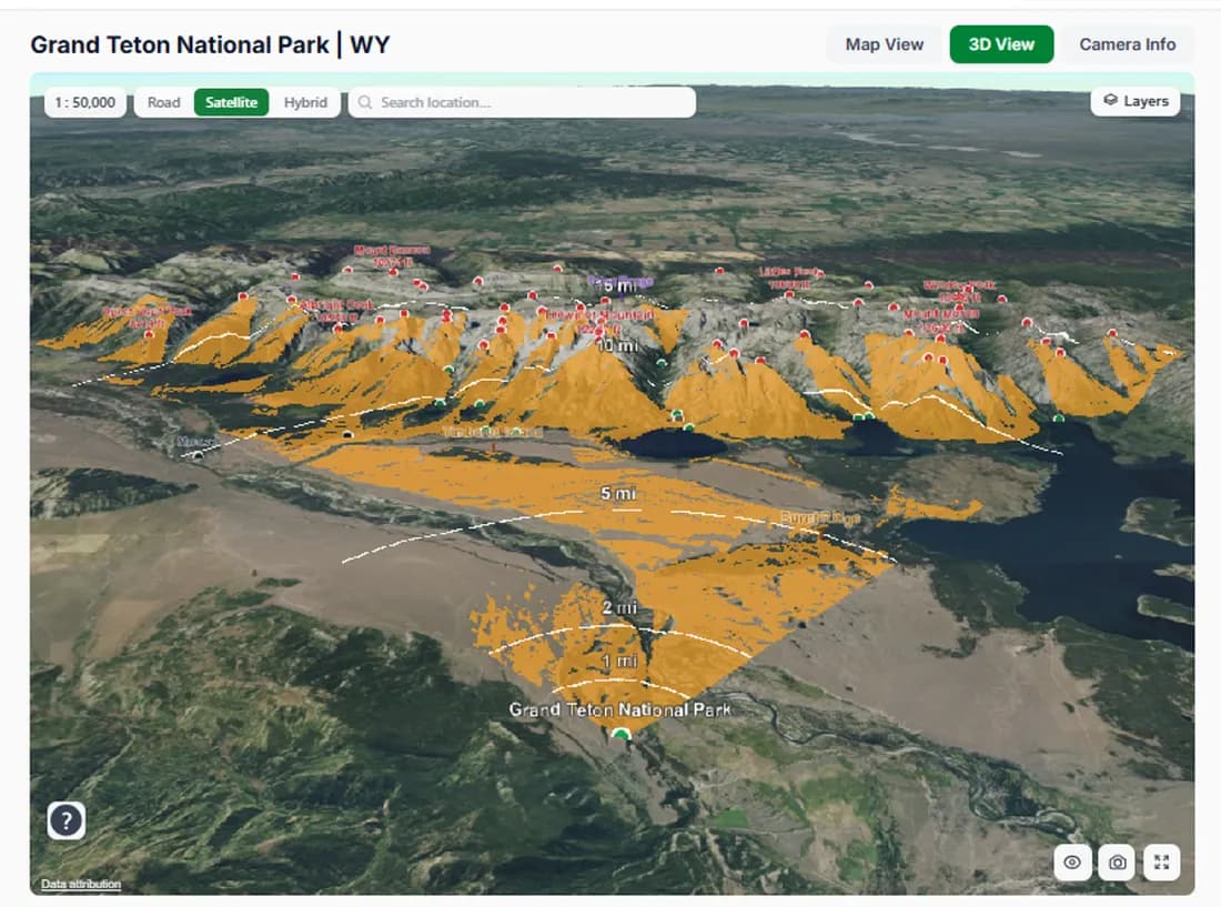 A CamStats PRO 3D view showing the terrain a camera can see, shaded in orange